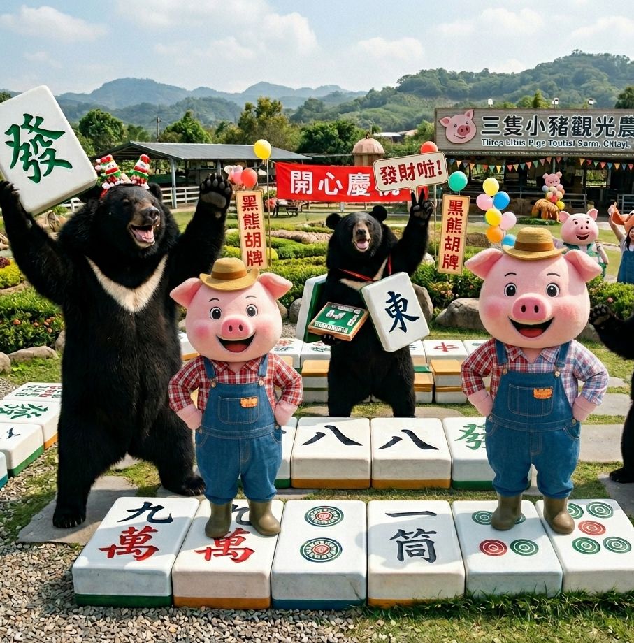 台灣黑熊,台灣熊愛打麻將,台灣黑熊打麻將,熊掌摸牌,國寶熊界雀聖,嘉義民雄揪團打牌,熊界傳奇,三隻小豬觀光農場麻將大賽,小豬與黑熊麻將聯誼賽,嘉義黑熊發大財,阿嬤養的小豬與黑熊,嘉義人氣打卡熱點黑熊出沒