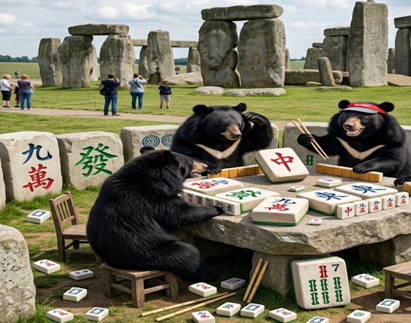 外星人留下的英國巨石陣麻將桌,台灣黑熊到巨石陣打麻將,世界遺產級的麻將大賽,東方神祕國粹征服歐洲,世界文化遺產史前麻將桌,台灣黑熊,台灣熊愛打麻將,台灣黑熊打麻將,熊掌摸牌,國寶熊界雀聖,國寶打牌,熊界傳奇