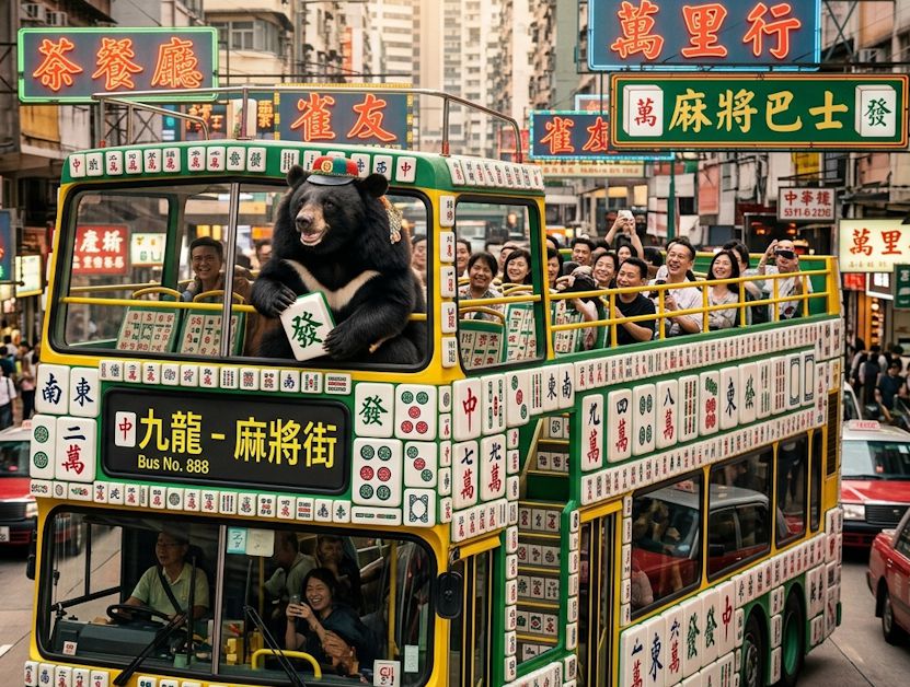 台灣黑熊,台灣熊愛打麻將,台灣黑熊打麻將,九龍麻將號,國寶熊界雀聖,九龍揪團打牌,九龍熊界傳奇,麻將坦克雙層巴士,彌敦道大四喜,尖沙咀麻將巴士甩尾,香港九龍台灣黑熊出沒,尖沙咀三缺一