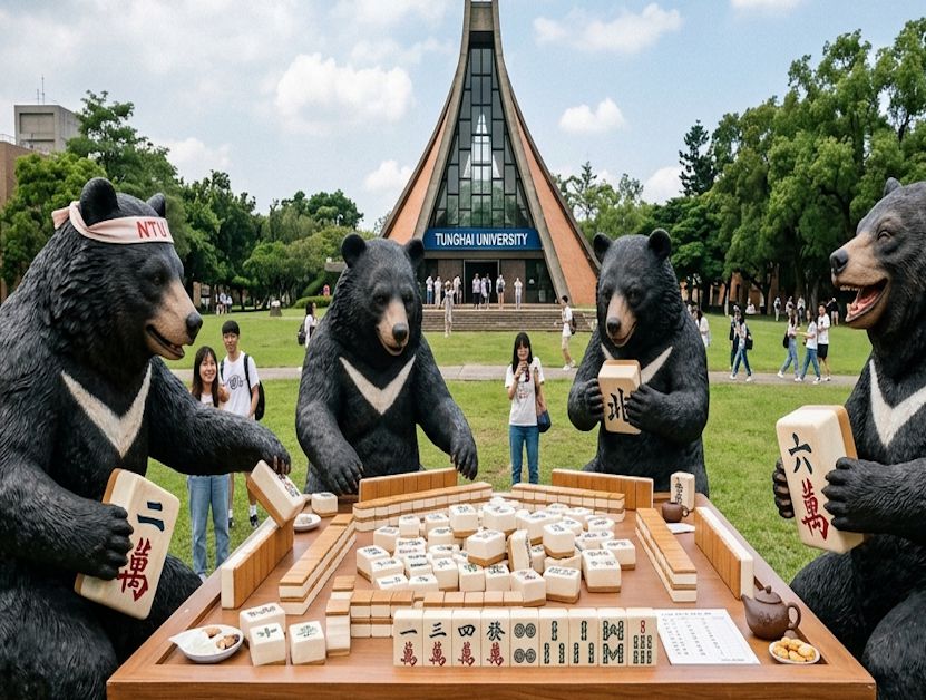 贏了請喝東海鮮乳輸了吃慶記,教堂前三缺一,東海大學國粹藝術裝置,台中除了子彈還有黑熊,東海大學路思義教堂黑熊出沒,台灣黑熊,台灣熊愛打麻將,台灣黑熊打麻將,熊掌摸牌,國寶熊界雀聖,國寶打牌