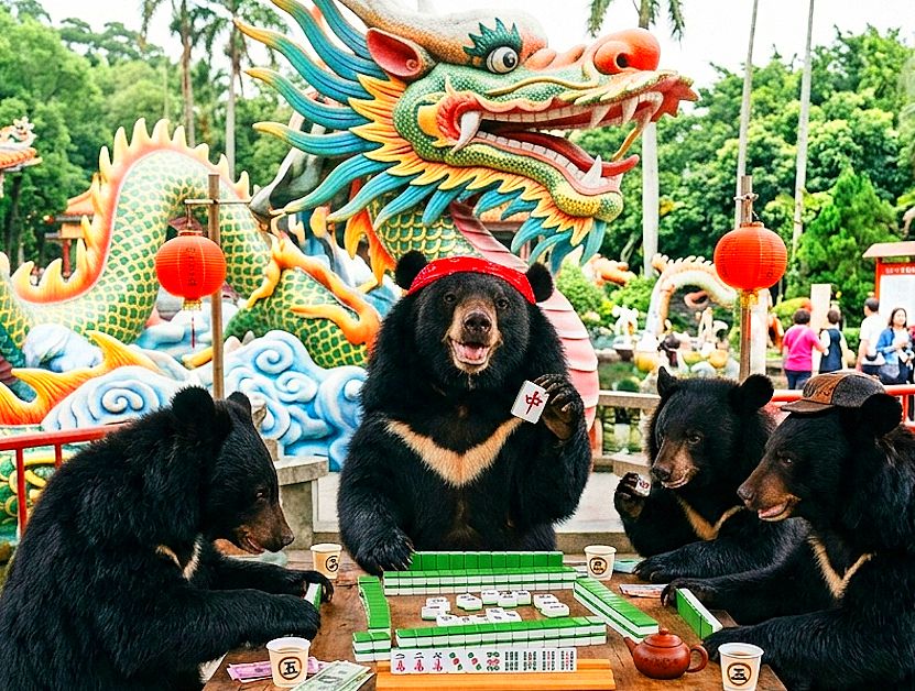 台灣黑熊,台灣熊愛打麻將,台灣黑熊打麻將,熊掌摸牌,國寶熊界雀聖,馬鳴山五年千歲公園打牌,雲林熊界傳奇,五年千歲公園驚見台灣黑熊,龍神駕到打麻將,雲林人氣迷宮黑熊秘境