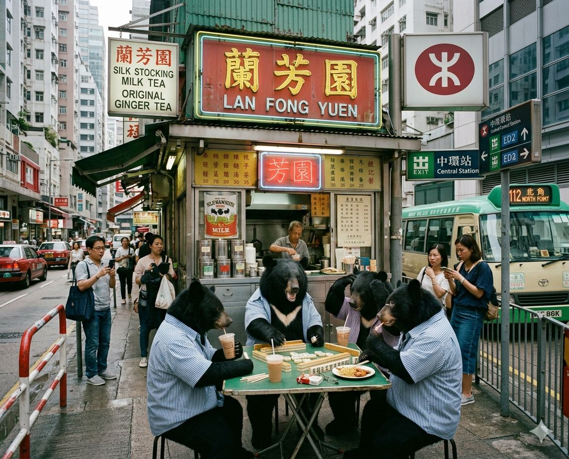 黑熊吃蔥油雞扒撈丁,邊吃港式厚身西多士邊食糊,中環蘭芳園麻雀大賽,黑熊喝港式絲襪奶茶,台灣黑熊遠征香港打牌,黑熊佔領中環蘭芳園叮叮車,台灣黑熊,台灣熊愛打麻將,台灣黑熊打麻雀,台港交流吃豬扒包打牌