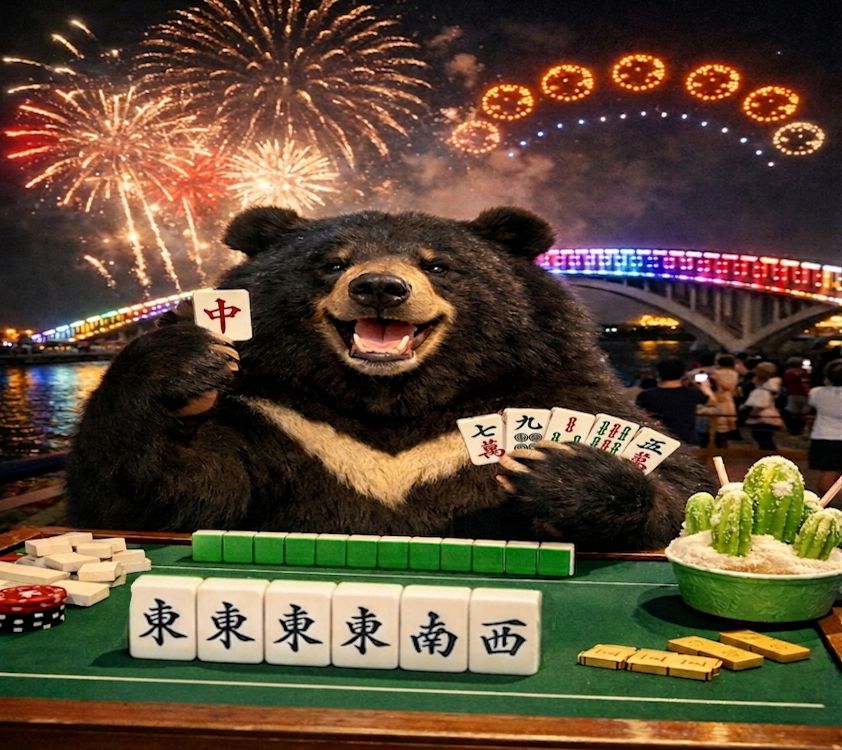 台灣黑熊,台灣黑熊麻將,熊掌摸牌,台灣熊愛打麻將,台灣熊,彩虹橋大四喜,澎湖開桌,花火節打牌,無人機黑熊煙火,黑熊澎湖花火節