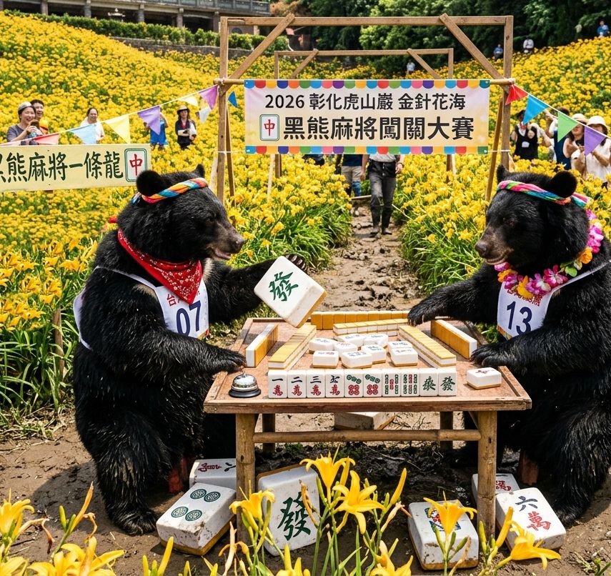 彰化虎山巖金針花海方城之戰,虎山巖觀音佛祖揪打牌,台灣黑熊,台灣熊愛打麻將,台灣黑熊打麻將,虎山巖金針花海季麻將闖關大賽,國寶熊界雀聖,黑熊出沒在滿山黃金甲,彰化麻將賭神傳奇