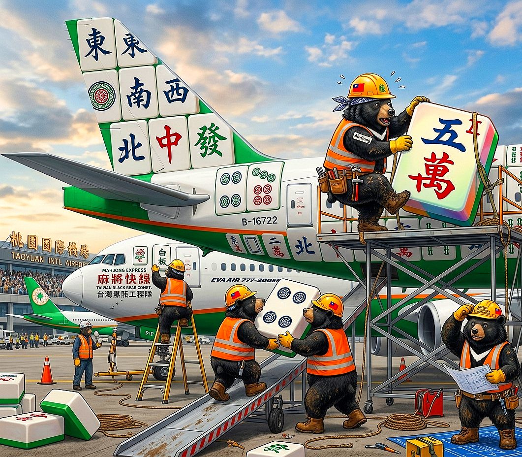 台灣黑熊,台灣熊愛打麻將,台灣黑熊打麻將,麻將快線機翼槓上開花,國寶熊界雀聖,桃園機場揪團空中打牌,全球首創麻將航空,桃園機場中麻將大賽,桃機空中發財路線