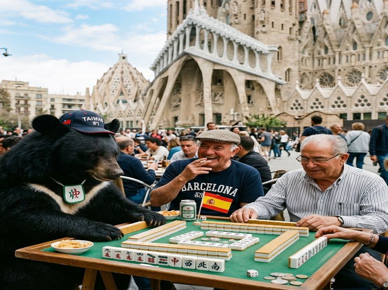 台灣黑熊,台灣熊愛打麻將,台灣黑熊在西班牙打麻將,佛朗明哥式洗牌法,巴塞隆納聖家堂打麻雀,西班牙阿公大戰黑熊,熊界傳奇,巴塞隆納賭神,西班牙世界遺產麻將交流賽,聖家堂自摸大三元