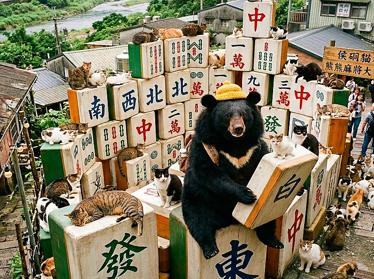 台灣黑熊,台灣熊愛打麻將,台灣黑熊打麻將,貓咪把白板當床墊睡覺,黑熊貓村階梯麻將長城,瑞芳人小心有黑熊出沒,猴硐車站黑熊揪牌咖,猴硐貓村階梯上的麻將陣,猴硐貓街友台灣黑熊出沒,熊掌與貓爪的對決