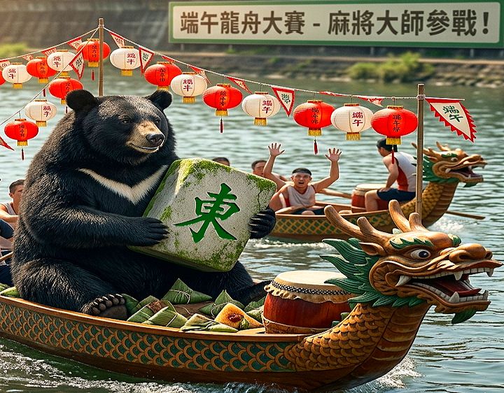 台灣黑熊,台灣熊愛打麻將,台灣黑熊打麻將,宜蘭冬山河水上移動式麻將館,宜蘭冬山河龍舟之麻將大賽,龍舟上黑熊放發財,黑熊自摸划龍舟,龍舟變牌桌,海底撈月不是撈粽子,屈原也想湊一桌,立蛋不如立牌,艾草洗手求好運,端午節打麻將