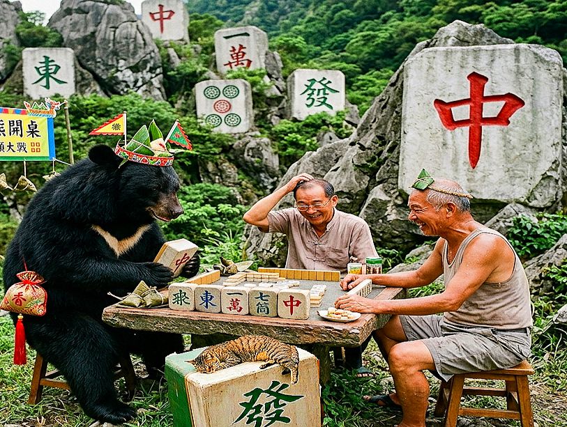 台灣黑熊,台灣熊愛打麻將,台灣黑熊打麻將,端午節不划船黑熊放發財,海底撈月不是撈粽子,立蛋不如立牌,巨型大三元石陣,艾草洗手求好運,端午節打麻將