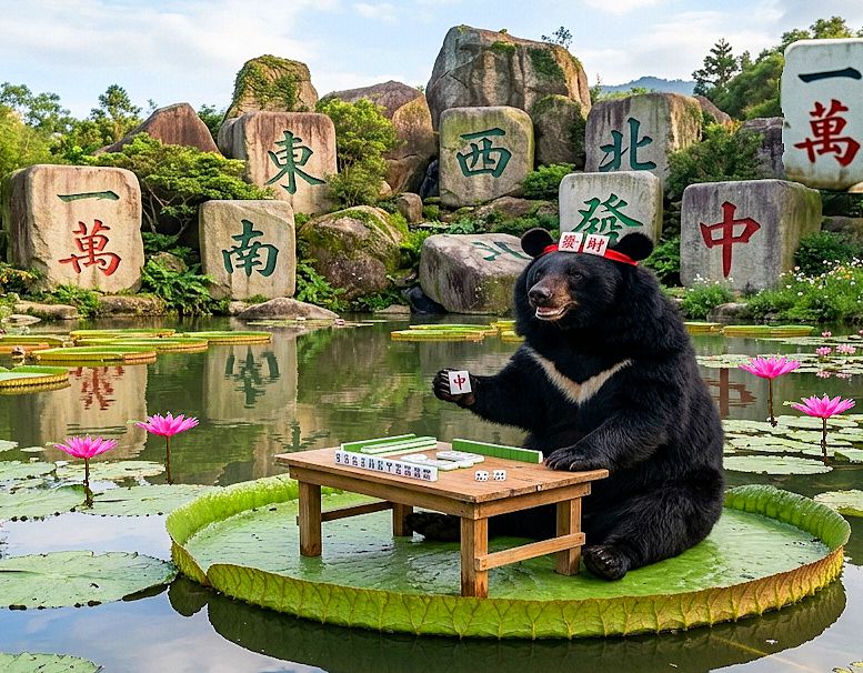 桃園觀音黑熊出沒,槓上開花是真的開花,台灣黑熊桃園觀光大使,台灣熊愛打麻將,台灣黑熊打麻將,觀音區蓮花園區摸牌,桃園熊界雀聖,台灣黑熊大王蓮體驗,大王蓮上大戰麻將巨石陣
