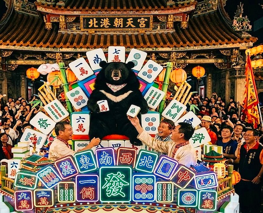 台灣黑熊媽祖保佑,台灣熊愛打麻將媽祖保佑手氣,台灣黑熊打麻將,最強藝閣熊掌摸牌,北港朝天宮迎媽祖國寶打牌,熊抱大發財北港黑熊傳奇,台版迪士尼黑熊國粹大使,北港朝天宮藝閣群揪打麻將