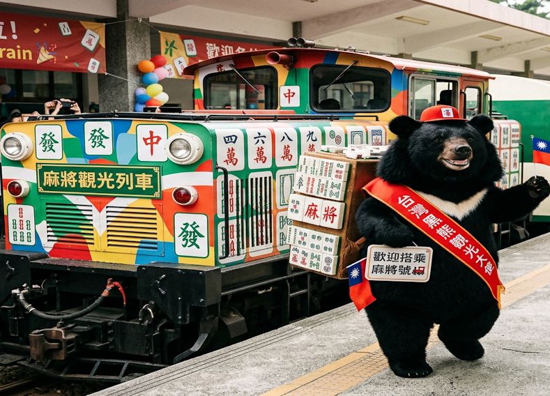 台灣黑熊,台灣熊愛打麻將,台灣黑熊打麻將,熊掌摸牌,國寶熊界雀聖,麻將特快車華麗進站打牌,萬里無雲大四喜,鐵道迷揪團打麻將,台灣鐵路麻將一路發,台鐵火車麻將大賽