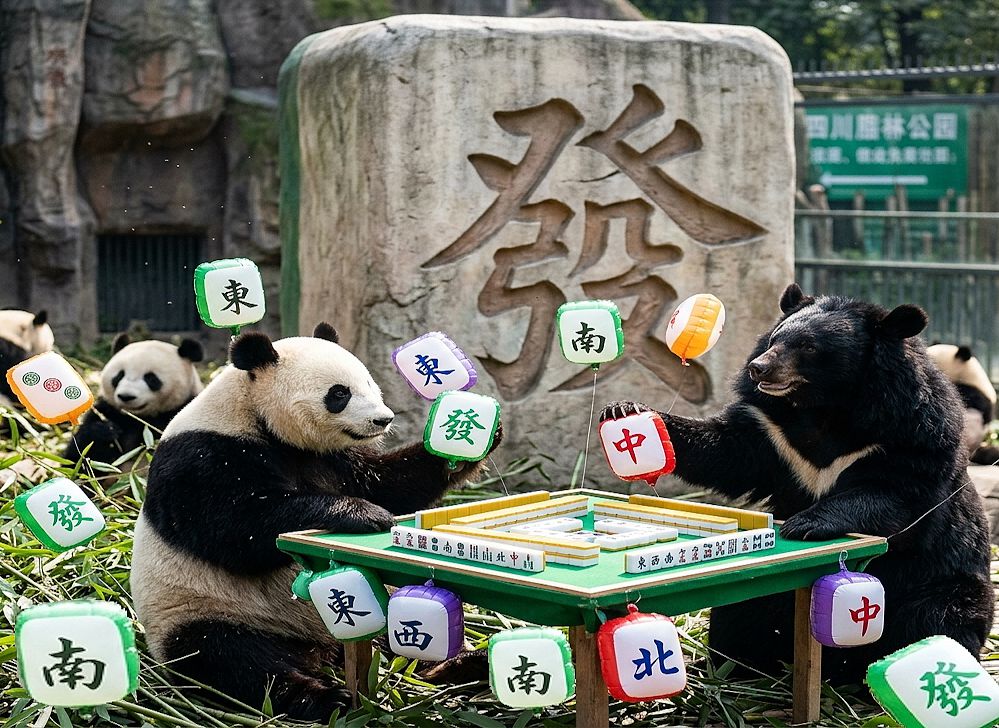 黑熊與熊貓之黑白雙煞賭神,台灣熊愛打麻將,台灣黑熊打麻將,跨海踢館熊掌摸牌,四川在地老司機國寶熊界雀聖,四川都江堰貓熊樂園揪團打牌,四川貓熊界傳奇
