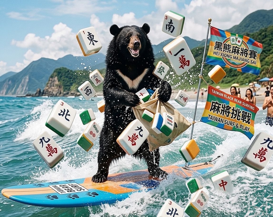 浪尖上的天女散牌,金樽限定海上賭場,衝浪板上的國粹旗幟,撿到發財今年必旺,黑熊亂入台東金樽衝浪音樂節,台灣黑熊一邊衝浪一邊碰,台灣熊愛打麻將,台灣黑熊打麻將,熊掌摸牌浪尖上的大四喜,國寶熊界雀聖,金樽海上麻將衝浪館