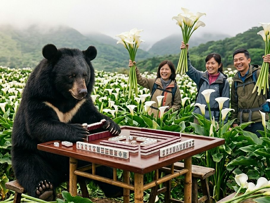 黑熊陽明山,台灣熊愛打麻將,黑熊海芋季,黑熊牌咖,黑熊採海芋,熊掌摸牌,竹子湖洗牌聲,黑熊打麻將,竹子湖打麻將,暗黑牌咖,台灣黑熊竹子湖