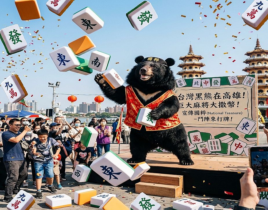台灣黑熊高雄港賭神,台灣熊愛打麻將,台灣黑熊打麻將,熊掌摸牌,國寶熊界雀聖,龍虎塔麻將世紀對決,高雄蓮池潭麻將池,蓮池潭揪團打麻將,高雄胡牌勝地,蓮花池變洗牌池