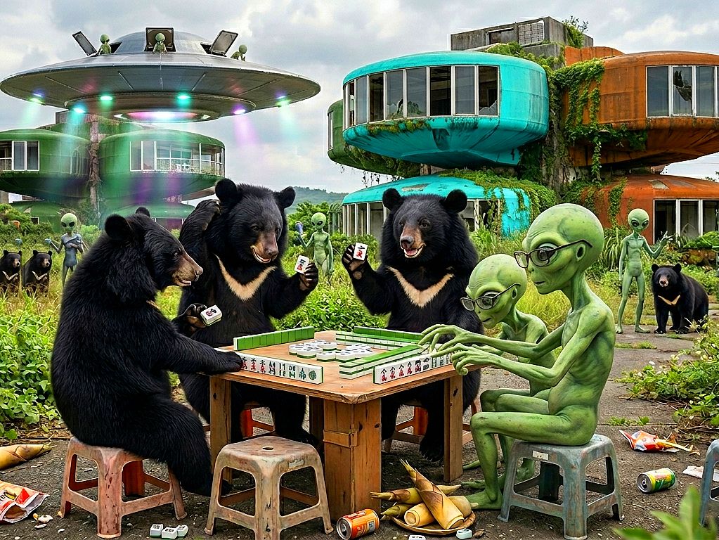 台灣熊愛打麻將,台灣黑熊打麻將,外星人與熊掌摸牌,飛碟屋大三元,三芝星際麻將大賽,熊界傳奇,北海岸神祕牌局,廢墟風沉浸式賭場,三芝飛碟屋麻將大賽,神秘飛碟屋揪團打麻將,UFO燈光秀