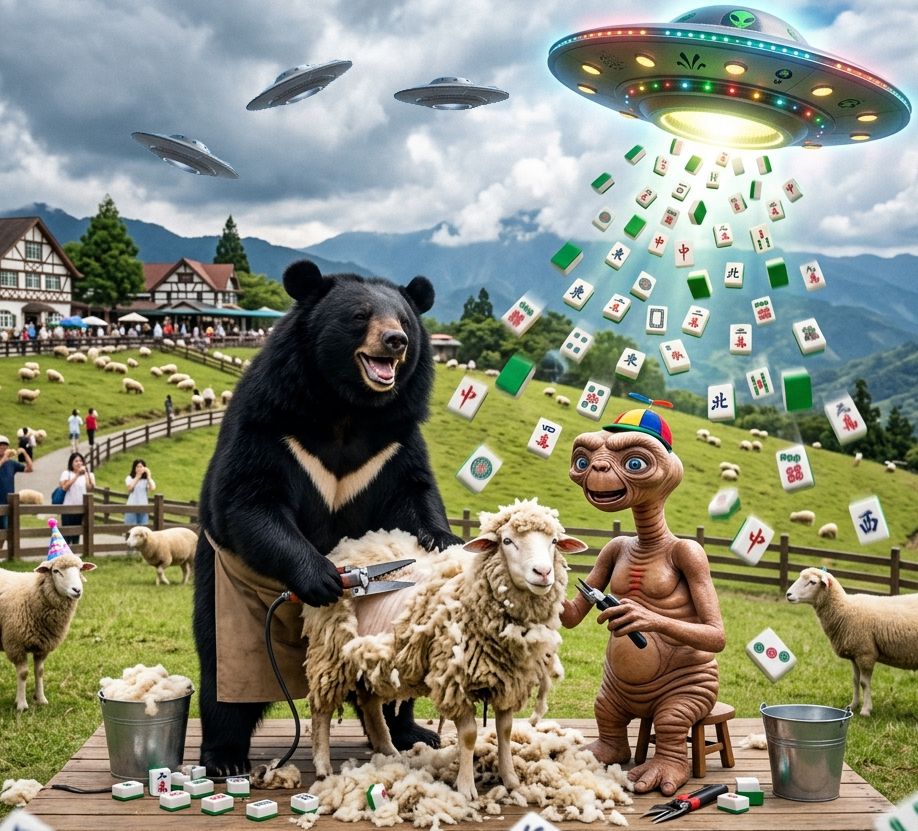 飛碟來襲熊掌摸牌,台灣黑熊第三類接觸,UFO驚現南投清境農場,台灣熊愛打麻將,台灣黑熊打麻將,外星人與熊掌摸牌,UFO燈光秀,星際ET與黑熊麻將交流,ET與BEAR與SHEEP,青青草原變成大麻將桌,清境農場揪團打麻將,南投清境黑熊麻將俠,清境麻將觀光大使