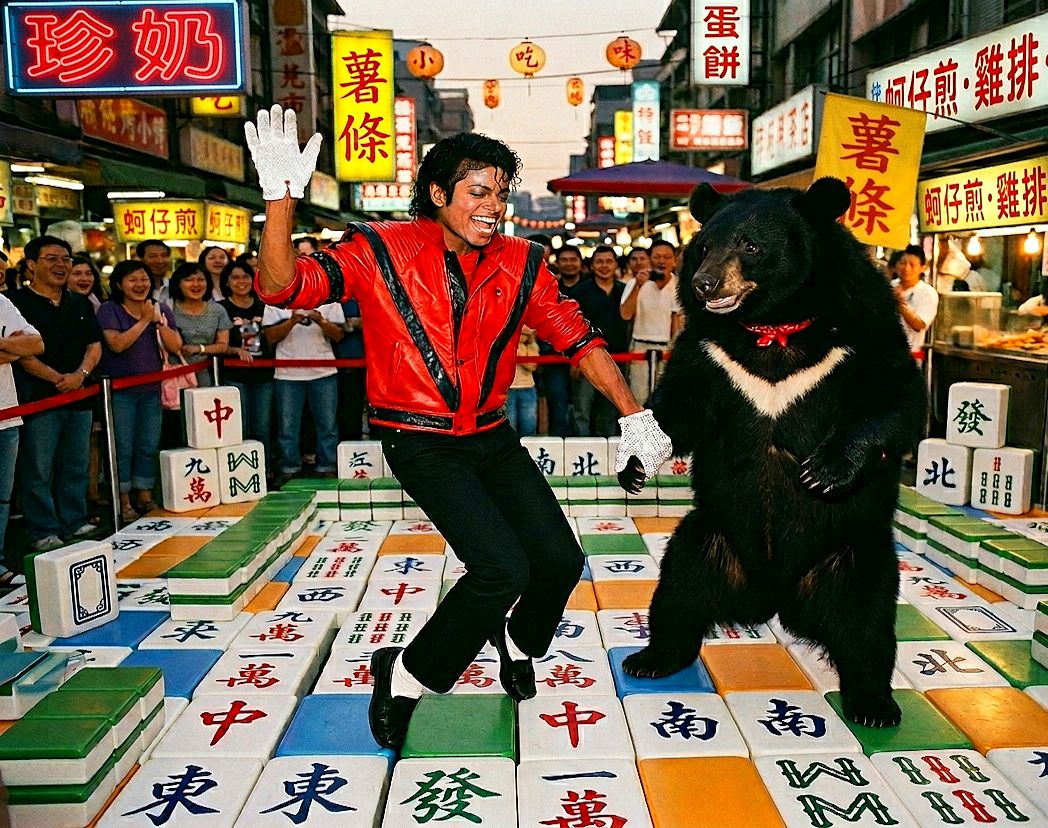 麥可傑克森跨時空合體台灣黑熊,台灣黑熊喝珍奶跳月球漫步,台灣熊愛打麻將,台灣黑熊打麻將,麥可傑克森跳舞熊掌摸牌,士林夜市驚見台灣黑熊,士林夜市麥可傑克森麻將戰場,士林夜市MJ胡牌風暴,士林夜市MJ麻將奇觀,麥可傑克森與台灣黑熊尬舞,麥可傑克森吃雞排跳太空漫步