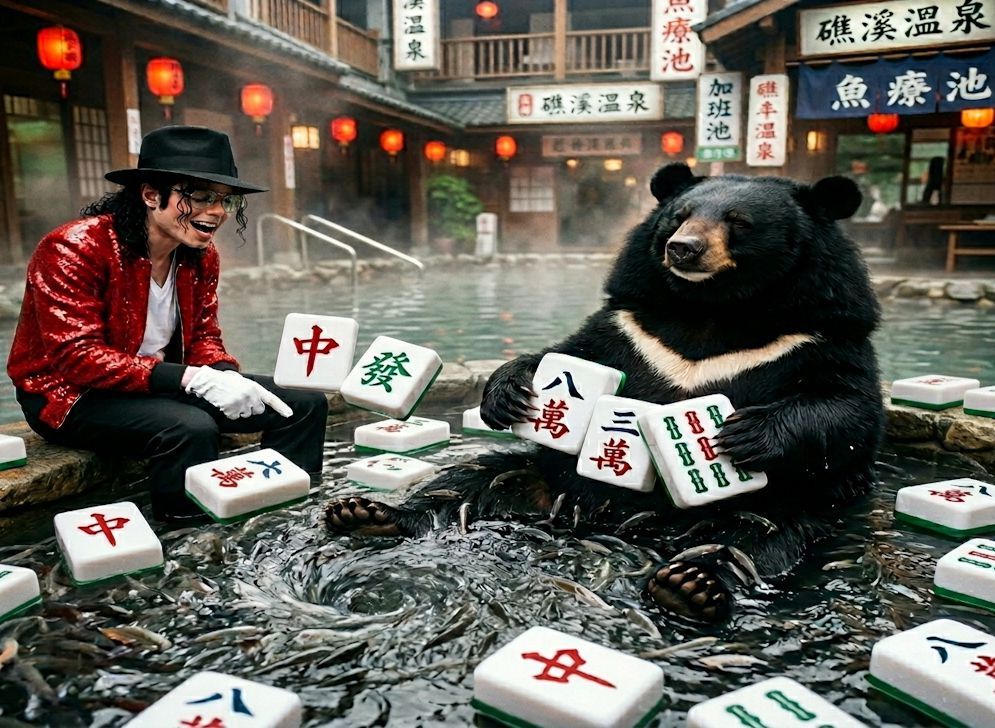 麥可傑克森跨時空合體台灣黑熊,台灣黑熊與麥可在宜蘭礁溪跳月球漫步,台灣熊愛打麻將,台灣黑熊打麻將,麥可傑克森跳舞熊掌摸牌,宜蘭驚見台灣黑熊,麥可宜蘭體驗魚咬腳池奇觀,麥可傑克森與台灣黑熊尬舞,宜蘭礁溪溫泉魚揪團打牌,礁溪魚界滿漢全席,台灣黑熊麻將溫泉魚親善大使,泡湯泡到發大財,宜蘭必去景點溫泉魚吃腳