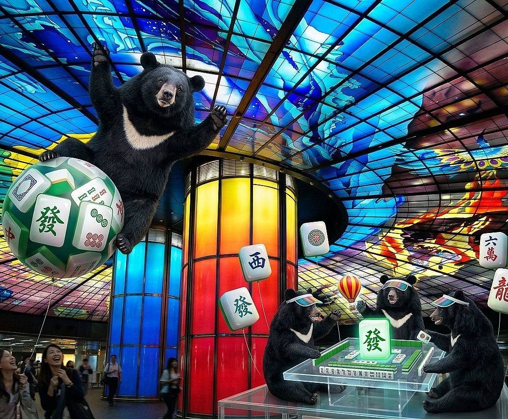 台灣黑熊現身美麗島站光之穹頂打麻將,台灣黑熊搭摩天輪吃滷肉飯,台灣熊愛打麻將,台灣黑熊在高捷美麗島站打麻將,熊掌摸牌,國寶喝珍珠奶茶半糖去冰配雞排不切要辣,台灣黑熊高雄賭神,高雄高捷美麗島站胡牌勝地