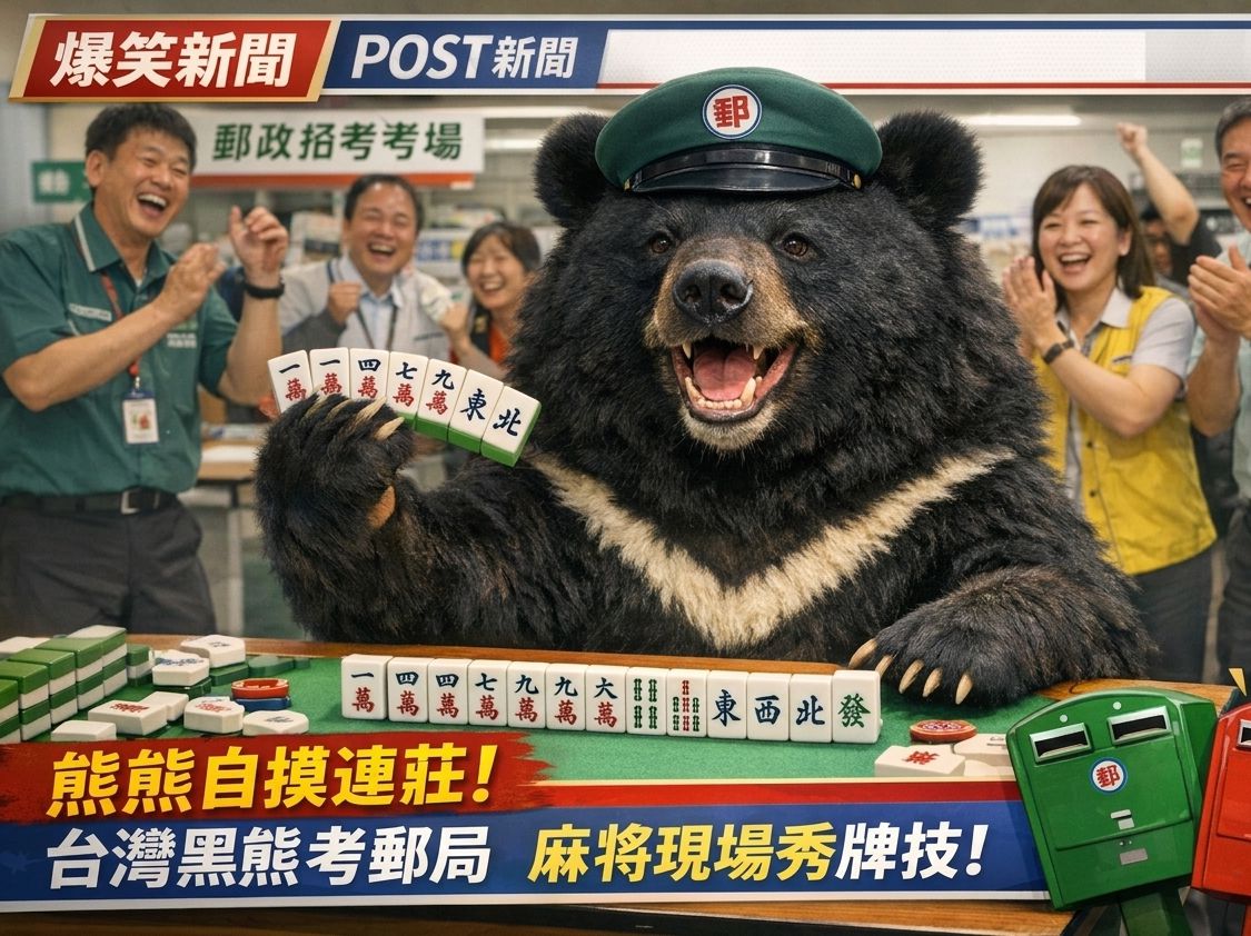 黑熊郵差,熊掌摸牌,台灣熊愛打麻將,考場變牌咖,郵政招考黑熊,台灣黑熊,國寶打麻將,黑熊中華郵政,森林派快捷,槓上開花送信,台灣熊打麻將