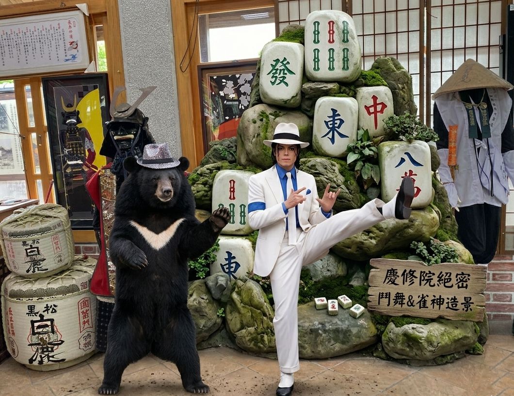 花蓮慶修院有台灣黑熊出沒,台灣熊愛打麻將,台灣黑熊打麻將,台灣黑熊在慶修院神秘結界打麻將,麥可傑克森與台灣黑熊尬舞,麥可堅持白襪配黑鞋,麥可與台灣黑熊在花蓮吉安慶修院跳月球漫步,麥可傑克森對尬台灣黑熊