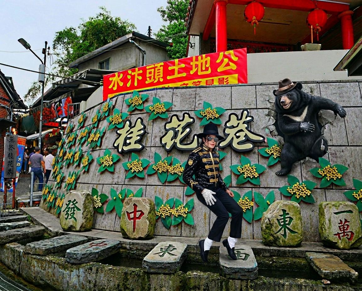 南庄桂花巷洗衣坑有台灣黑熊出沒,台灣熊愛打麻將,台灣黑熊打麻將,台灣黑熊在苗栗南庄桂花巷打麻將,麥可傑克森與台灣黑熊尬舞,麥可堅持白襪配黑鞋,麥可與台灣黑熊在苗栗南庄桂花巷跳月球漫步,麥可傑克森對尬台灣黑熊,南庄月球漫步洗牌巷
