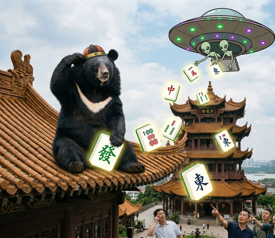 星際和平靠麻將,飛碟來襲熊掌摸牌,台灣黑熊第三類接觸,中國武漢黃鶴樓驚現UFO,台灣熊愛打麻將,台灣黑熊打麻將,星際ET與黑熊麻將交流,外星人也想碰,幽浮路過看熱鬧,黑熊與外星人揪團打牌,中國武漢黃鶴樓有台灣黑熊出沒,台灣黑熊在黃鶴樓打麻將