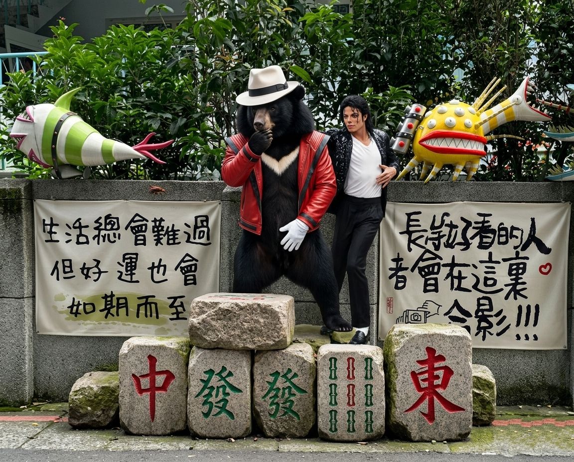 台灣熊愛打麻將,台灣黑熊打麻將,三重眷村文化園區有台灣黑熊出沒,台灣黑熊在空軍三重一村打麻將,麥可傑克森與台灣黑熊尬舞,麥可堅持白襪配黑鞋,麥可與台灣黑熊在空軍三重一村跳月球漫步,麥可傑克森對尬台灣黑熊,麥可傑克森跨時空合體台灣黑熊