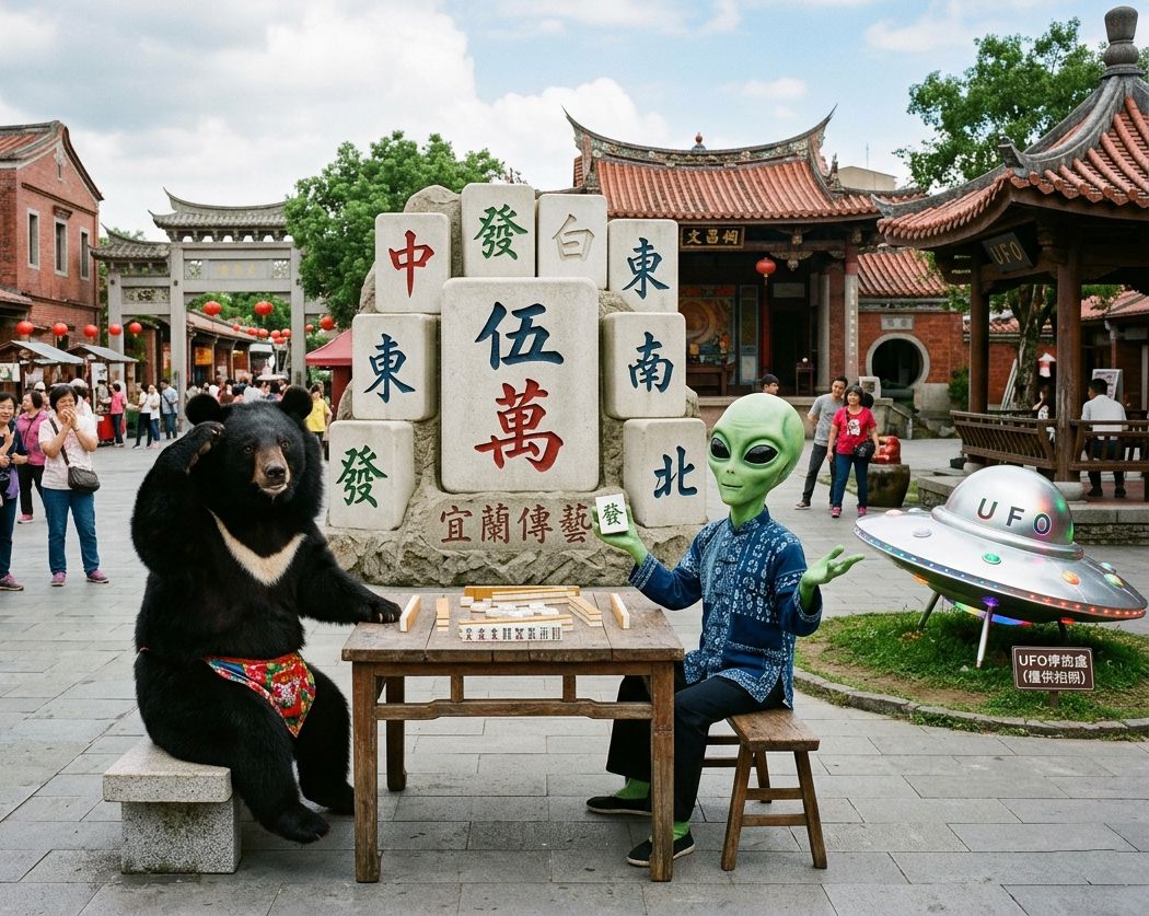 飛碟來襲熊掌摸牌,台灣黑熊在宜蘭縣五結鄉第三類接觸,宜蘭傳藝園區驚現UFO,台灣熊愛打麻將,台灣黑熊在傳藝中心打麻將,星際ET與黑熊麻將交流,幽浮路過宜蘭傳藝看熱鬧,黑熊與外星人揪團打牌,宜蘭傳藝驚見台灣黑熊