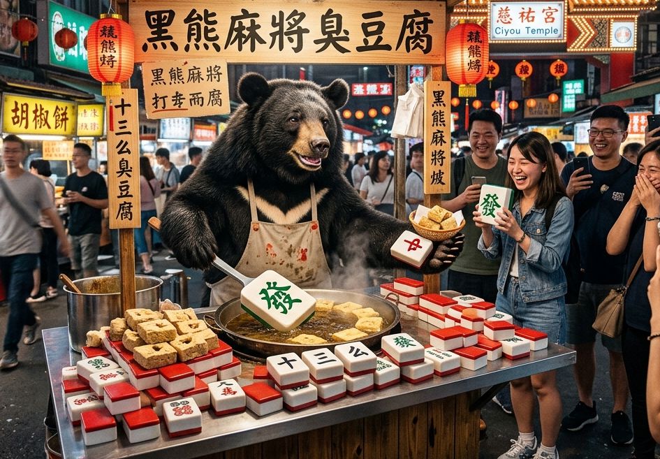 熊掌摸牌,麻將臭豆腐,槓上開花臭豆腐,黑熊槓上饒河夜市,台灣黑熊,台灣黑熊臭豆腐,黑熊夜市,饒河夜市大三元,發財麻將臭豆腐,台灣熊愛麻將,黑熊麻將臭豆腐