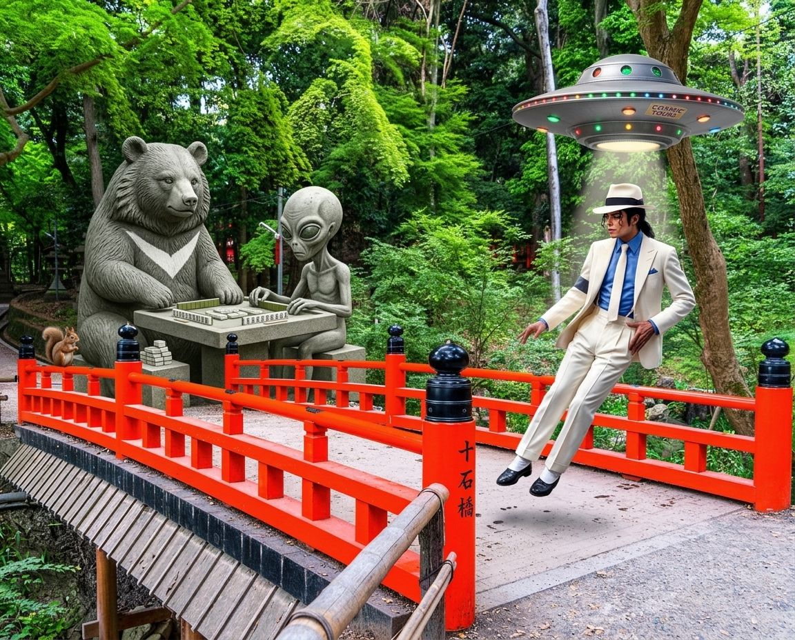 台灣黑熊制霸京都伏見稻荷,宇宙和平從京都開胡開始,黑熊與外星人的禁忌友誼,麥可傑克森與外星人,台灣熊愛打麻將,台灣黑熊打麻將,伏見稲荷大社有台灣黑熊出沒,台灣黑熊在日本京都十石橋打麻將,麥可在日本京都跳月球漫步,麥可傑克森對尬台灣黑熊