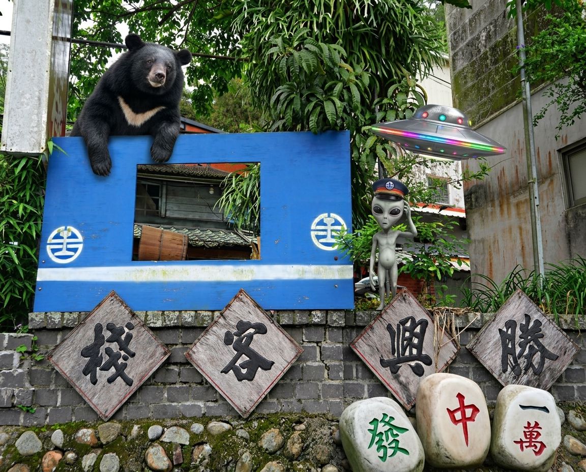 台灣黑熊鐵軌上的博弈奇蹟,台灣熊愛打麻將,台灣黑熊打麻將,火車便當吃完打麻將,勝興火車站黑熊出沒,外星人在勝興車站打牌,台鐵熊界傳奇,苗栗勝興車站火車大塞車,苗栗三義最強牌咖,苗栗三義驚現UFO,外星人也想碰,幽浮路過看熱鬧,黑熊與外星人揪團打牌
