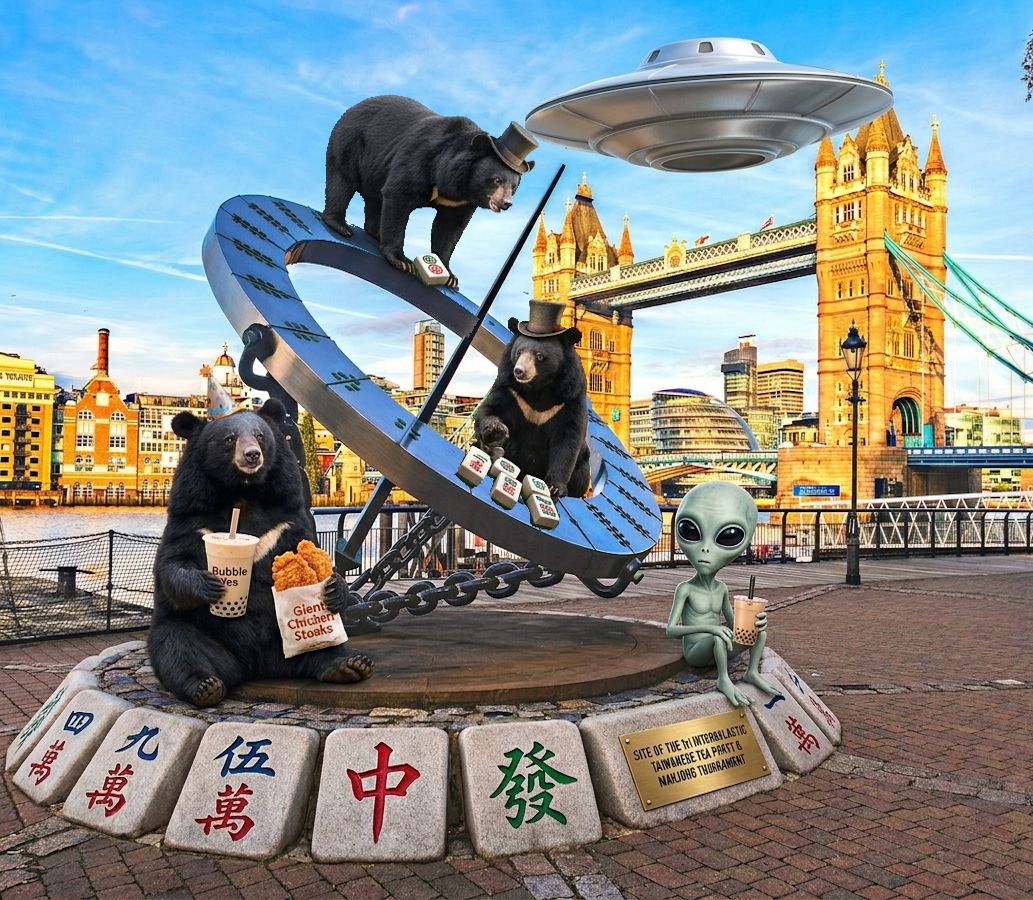台灣黑熊與外星人的雞排外交,倫敦塔橋外星人珍奶趴,泰晤士河畔打麻將,黑熊與外星人的荒謬友誼,在英國倫敦吃雞排配珍奶,台灣熊愛打麻將,台灣黑熊打麻將,英國倫敦有台灣黑熊出沒,台灣黑熊在英國倫敦打麻將,星際ET與黑熊麻將交流,外星人也想碰,幽浮路過看熱鬧,黑熊與外星人揪團打牌