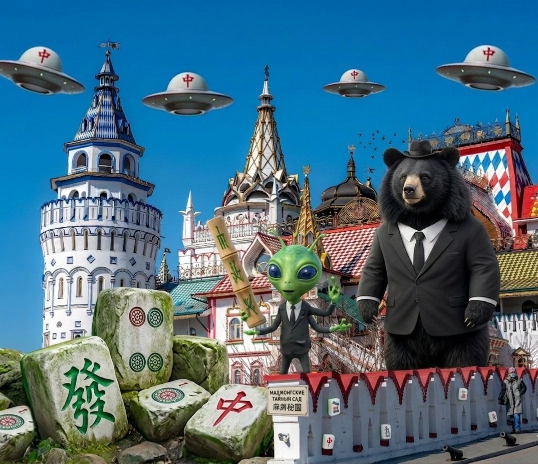 俄羅斯莫斯科克里姆林宮驚現台灣黑熊出沒,台灣熊愛打麻將,台灣黑熊打麻將,台俄友好黑熊麻將大賽,俄羅斯輪盤輸給大三元,台俄友好招財補花推廣大使,台俄國粹特使,外星人也想碰,幽浮路過看熱鬧,黑熊與外星人在俄羅斯揪團打牌