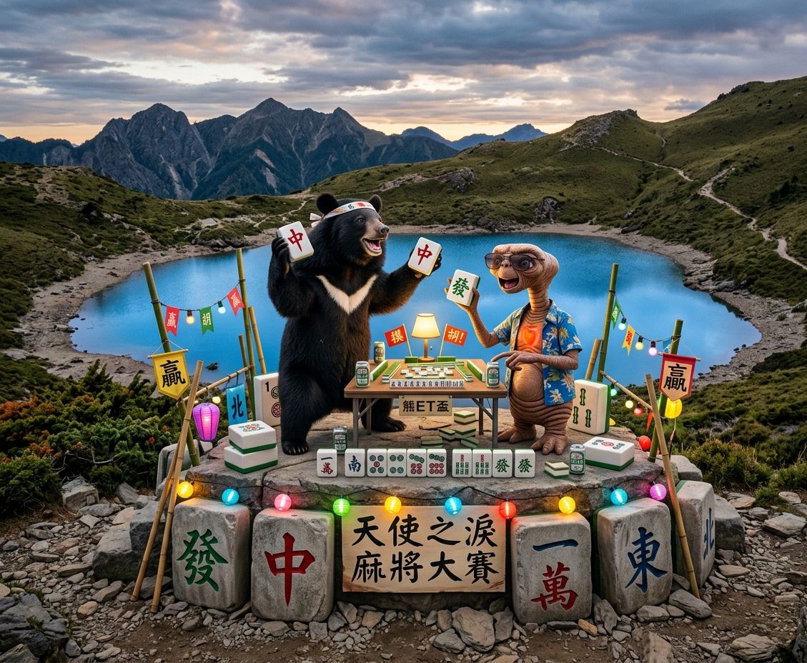台灣海拔第二高驚見外星人,天使的眼淚變成賭徒的眼淚,上帝遺失在人間之藍寶石,飛碟來襲熊掌摸牌,台灣黑熊在嘉明湖第三類接觸,台灣熊愛打麻將,台灣黑熊在嘉明湖打麻將,星際ET與黑熊麻將交流,外星人也想碰碰胡,黑熊與外星人在嘉明湖揪團打牌