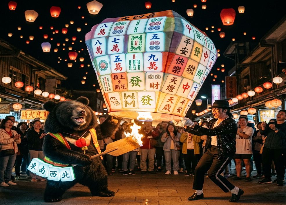 麥可傑克森放天燈,台灣熊愛打麻將,熊掌摸牌,台灣黑熊打麻將,黑熊平溪放天燈,平溪天燈一筒麻將,平溪打麻將,黑熊大四喜,麥可傑克森與台灣黑熊尬舞,麥可堅持白襪配黑鞋,麥可與台灣黑熊在平溪跳月球漫步,麥可傑克森對尬台灣黑熊