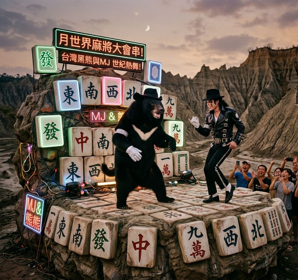 月世界惡地麻將奇觀,麥可傑克森對尬台灣黑熊,台灣熊愛打麻將,台灣黑熊在高雄田寮打麻將,月世界惡地大洗牌,麥可傑克森跨時空合體台灣黑熊,台灣黑熊與麥可在月世界惡地跳月球漫步,麥可傑克森跳舞熊掌摸牌,麥可傑克森與台灣黑熊尬舞,麥可堅持白襪配黑鞋