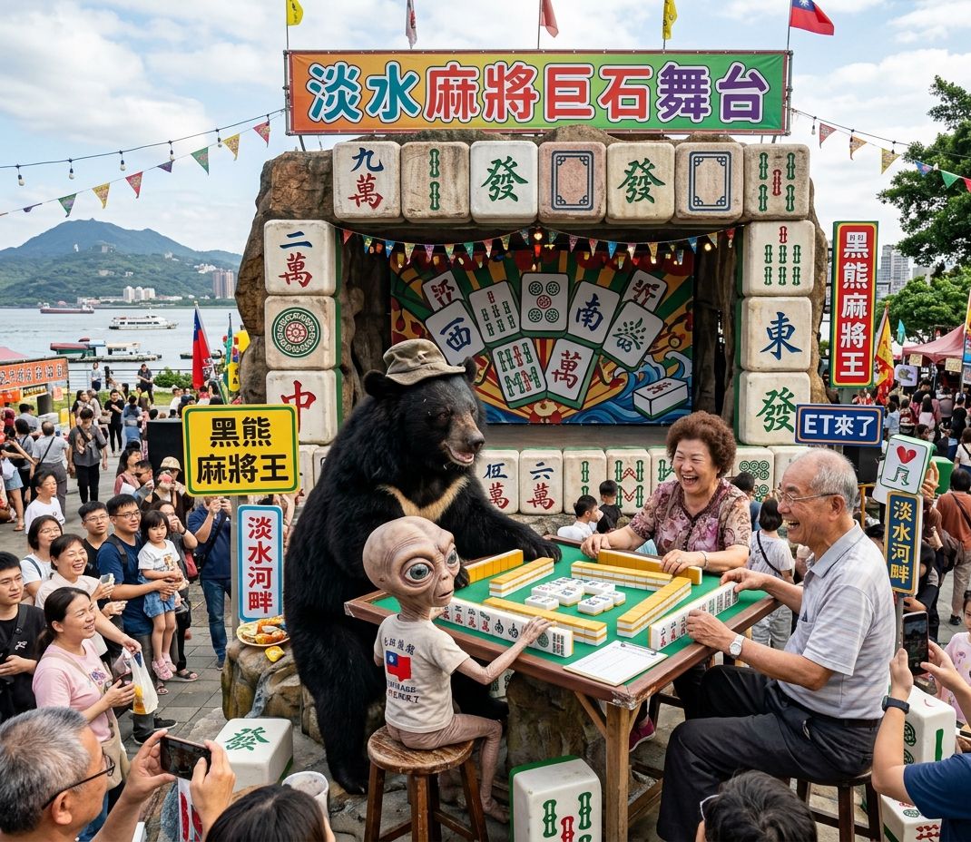 台灣熊愛打麻將,台灣黑熊在淡水碼頭打麻將,星際ET與黑熊麻將交流,外星人也想碰碰胡,幽浮路過看熱鬧,黑熊與外星人在淡水碼頭揪團打牌,宇宙和平從淡水河畔開胡開始,黑熊與外星人的禁忌友誼