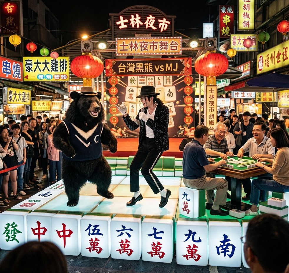 麥可傑克森跨時空合體台灣黑熊,台灣黑熊喝珍奶跳月球漫步,台灣熊愛打麻將,台灣黑熊打麻將,麥可傑克森跳舞熊掌摸牌,士林夜市驚見台灣黑熊,士林夜市麥可傑克森麻將戰場,士林夜市MJ胡牌風暴,士林夜市MJ麻將奇觀,麥可傑克森與台灣黑熊尬舞,麥可傑克森吃雞排跳太空漫步,宇宙級跨界大亂鬥