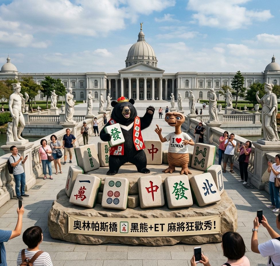 台灣熊愛打麻將,台灣黑熊打麻將,台南奇美博物館有台灣黑熊出沒,飛碟來襲熊掌摸牌,台灣黑熊在臺南仁德第三類接觸,台灣黑熊在台南奇美博物館打麻將,星際ET與黑熊麻將交流,外星人也想碰碰胡,幽浮路過看熱鬧,黑熊與外星人在台南奇美博物館揪團打牌