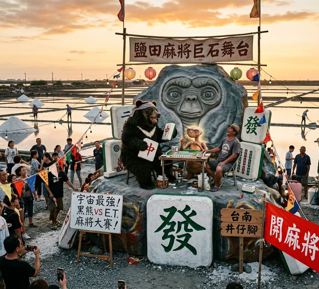 台灣黑熊大戰外星人,井仔腳鹽田驚見外星人出沒,台南阿北跨界指導,虱目魚湯當籌碼,台灣熊愛打麻將,台灣黑熊打麻將,台南井仔腳鹽田有台灣黑熊出沒,星際ET與黑熊麻將交流,外星人也想碰碰胡,幽浮路過看熱鬧,黑熊與外星人在台南鹽田揪團打牌