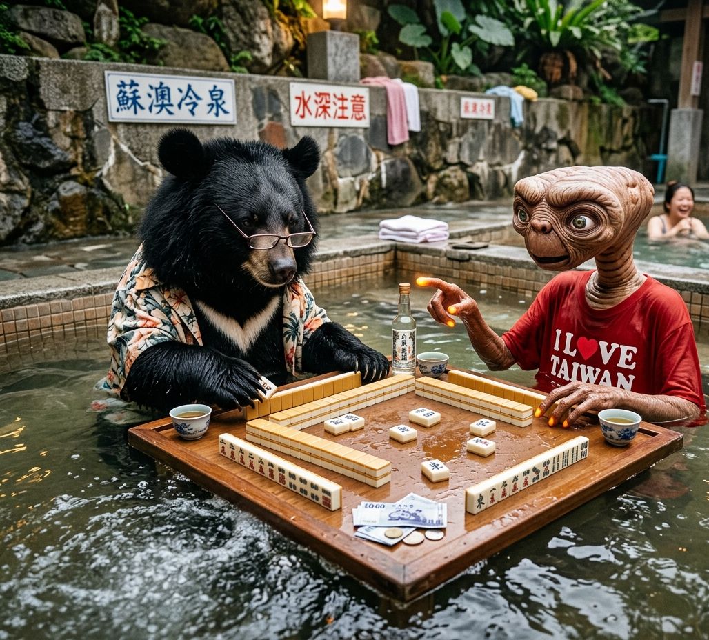 台灣熊愛打麻將,台灣黑熊打麻將,宜蘭蘇澳冷泉有台灣黑熊出沒,台灣黑熊在宜蘭蘇澳冷泉打麻將,星際ET與黑熊麻將交流,外星人也想碰碰胡,幽浮路過看熱鬧,黑熊與外星人在宜蘭蘇澳冷泉揪團打牌,高粱酒配蘇澳冷泉最對味,熊掌摸牌速度世界第一,大四喜碰碰胡遇到外星人