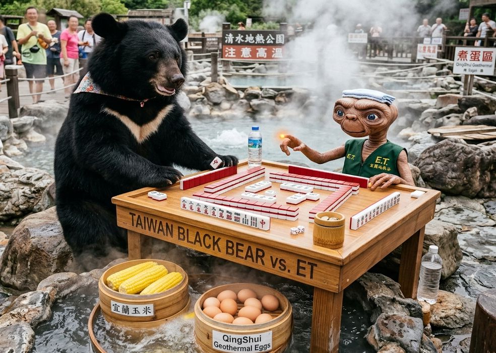 邊打牌邊泡腳還要煮玉米,溫泉蛋熟了ET還沒聽牌,宜蘭清水地熱谷的奇蹟麻將桌,台灣熊愛打麻將,台灣黑熊打麻將,宜蘭地熱谷有台灣黑熊出沒,台灣黑熊在宜蘭地熱谷打麻將,星際ET與黑熊麻將交流,外星人也想碰碰胡,一邊海底撈月一邊溫泉撈蛋