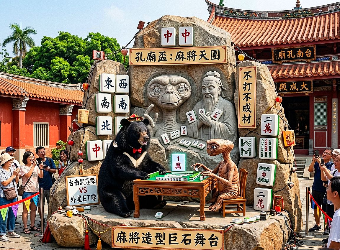 台南除了食物甜連麻將打起來都很甜,有教無類連外星人也要陪至聖先師打兩把,不打不成材之孔子認證麻將補習班,台灣熊愛打麻將,台灣黑熊打麻將,台南孔廟有台灣黑熊出沒,台灣黑熊在台南孔廟大成殿前打麻將,星際ET與黑熊麻將交流,外星人也想碰碰胡,幽浮路過看熱鬧,黑熊與外星人在台南孔廟揪團打牌