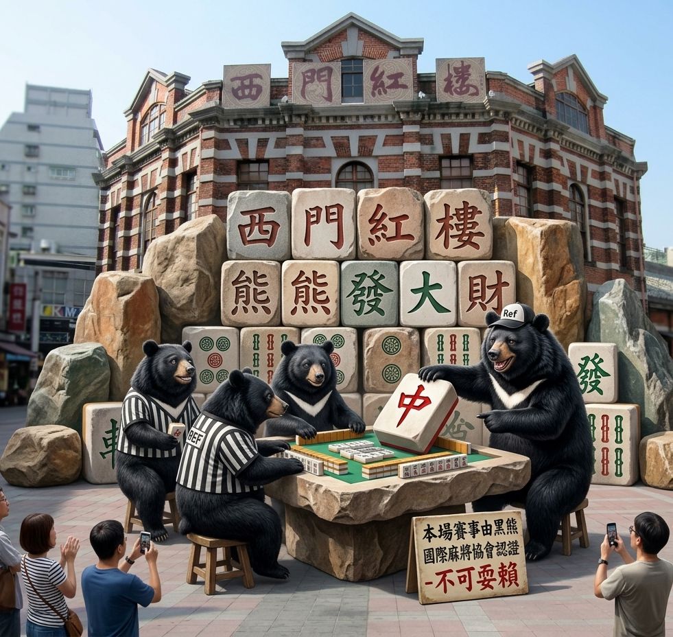 台灣熊愛打麻將,台灣黑熊打麻將,台北西門紅樓有台灣黑熊出沒,西門紅樓廣場前的台灣黑熊雀王爭霸戰,台灣黑熊在台北西門紅樓打麻將,台灣黑熊在台北西門紅樓揪團打牌,西門紅樓百年紅磚與麻將牌奇妙碰撞,西門町最新網美打卡地標