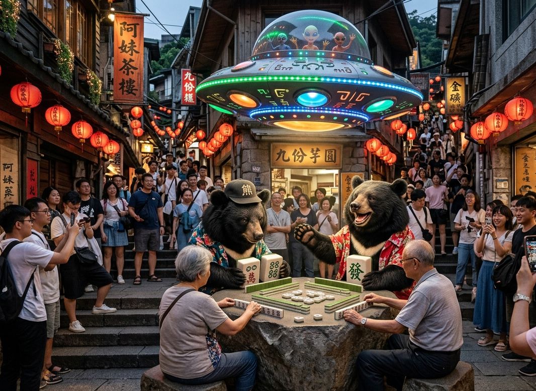 台灣熊愛打麻將,九份阿妹茶樓前打麻將,熊掌摸牌,九份賭神,阿妹茶樓加開麻將桌打牌,九份老街跨銀河系揪團打麻將,九份台灣黑熊出沒,星際ET與黑熊麻將交流,外星人也想碰碰胡,幽浮路過看熱鬧,黑熊與外星人在九份揪團打牌