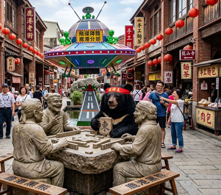 台灣熊愛打麻將,台灣黑熊打麻將,彰化鹿港老街有台灣黑熊出沒,台灣黑熊在彰化鹿港老街打麻將,星際ET與黑熊麻將交流,外星人也想碰碰胡,幽浮路過看熱鬧,黑熊與外星人在彰化鹿港老街揪團打牌,飛碟迫降只為打東風,鹿港最新打卡地標,彰化不只肉圓還有飛碟