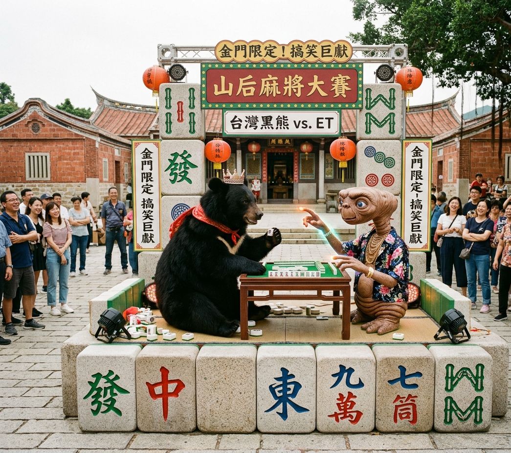台灣熊愛打麻將,台灣黑熊打麻將,金門金沙鎮有台灣黑熊出沒,台灣黑熊在金門金沙鎮打麻將,星際ET與黑熊麻將交流,外星人也想碰碰胡,幽浮路過看熱鬧,黑熊與外星人在金門金沙鎮揪團打牌,金門山后民俗文化村的世紀豪賭,打麻將配金門高粱酒,金門風獅爺在後面看得很火,山后民俗文化村麻將大賽